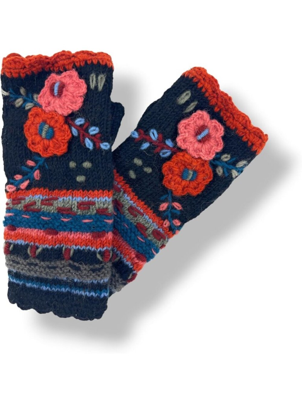 Hand Knit Fingerless Gloves with Embroidery | Wool Fleece Lined Texting Mittens